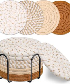 Drink Coasters with Holder, 4 Colors Absorbent Coasters for Drinks, 8 PCS Cup Cotton Woven Set for Coffee Table Home Decor Tabletop Protection